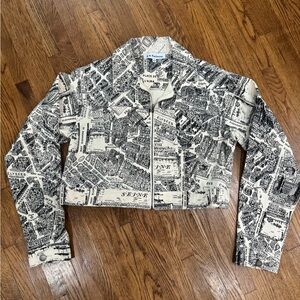 En Saison Cream and Black Map Print Jean Jacket